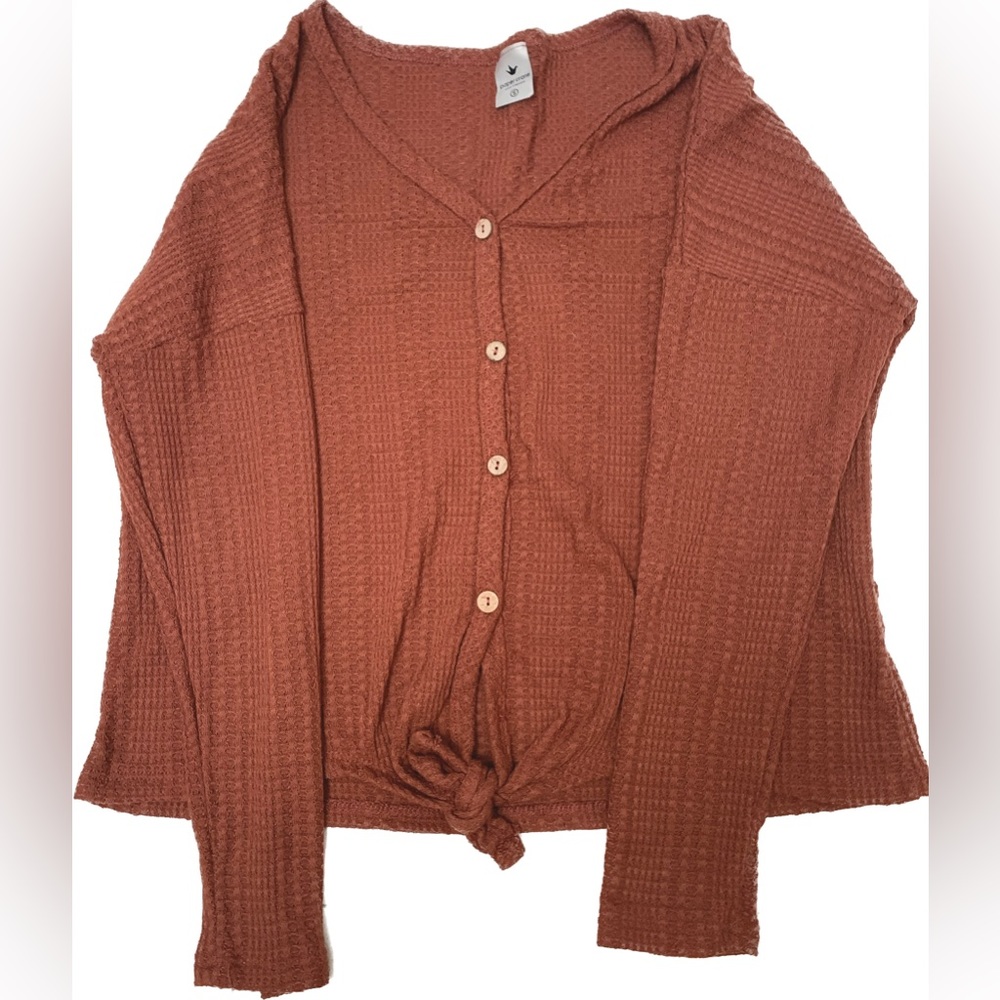 Comfy sweater-like button orange tied blouse (small)